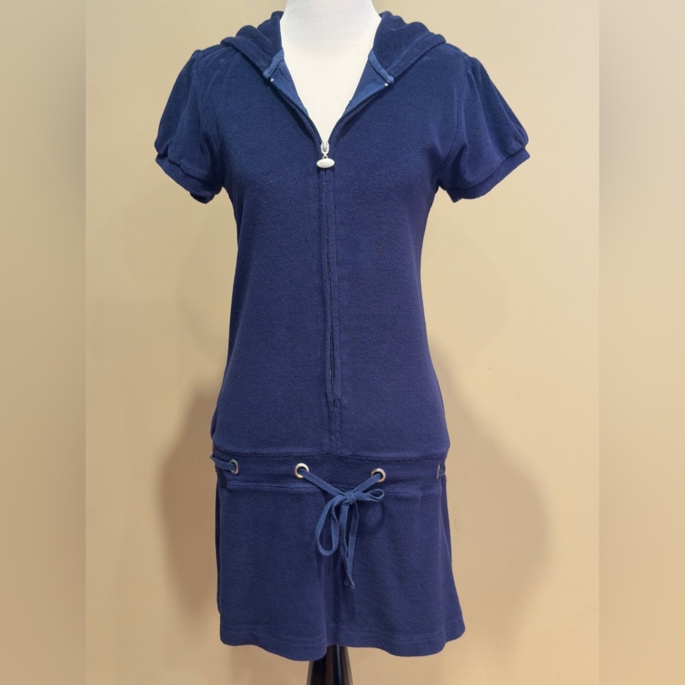 VENUS Navy Short Sleeve Hooded Terry Zip Romper Swim Beach Coverup - Size Small